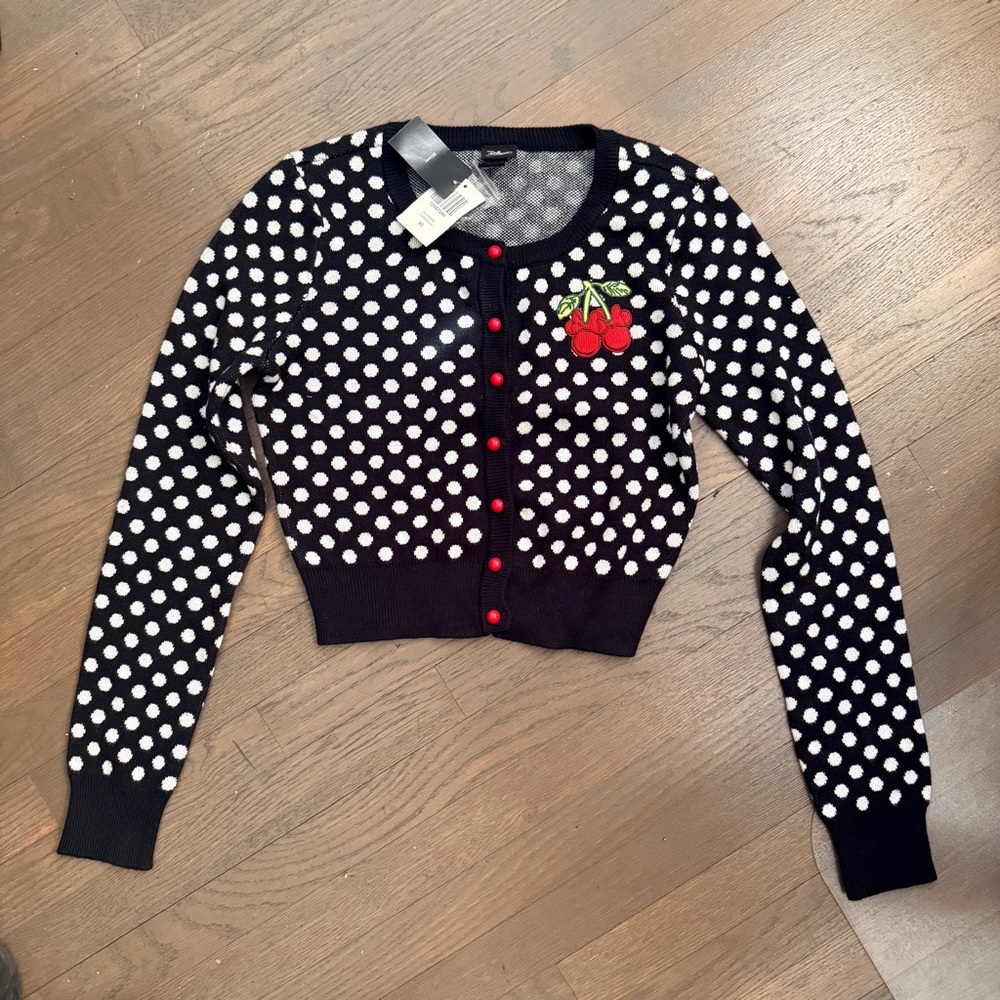 Her Universe Black and White Polka Dot Cropped Cardigan with Red Cherry Patch xs